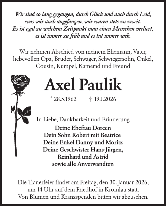 Traueranzeige von Axel Paulik von Lausitzer Rundschau