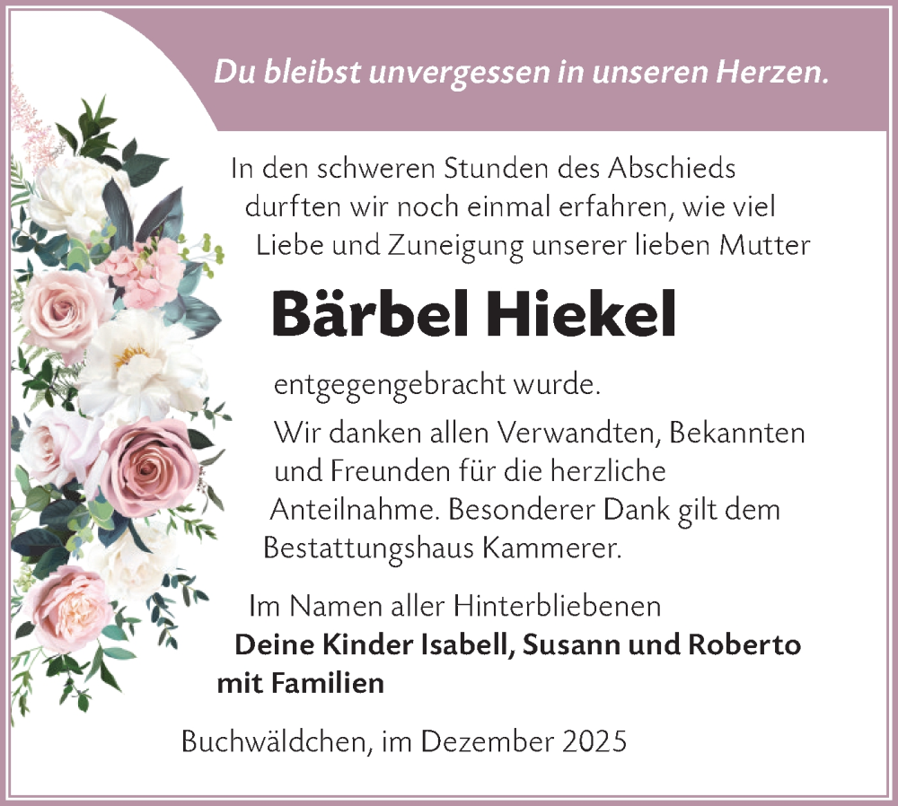  Traueranzeige für Bärbel Hiekel vom 03.01.2026 aus Ausg. LR Spreewald RS