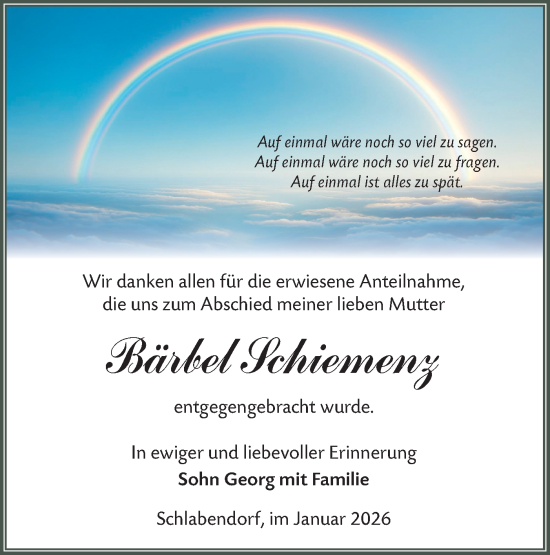 Traueranzeige von Bärbel Schiemenz von Ausg. LR Spreewald RS