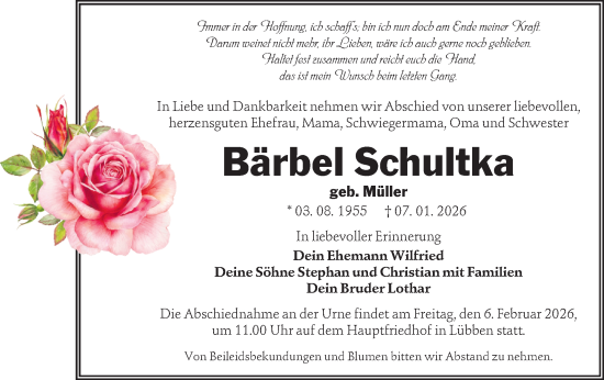 Traueranzeige von Bärbel Schultka von Ausg. LR Spreewald RS