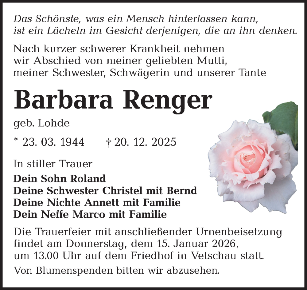  Traueranzeige für Barbara Renger vom 10.01.2026 aus Ausg. LR Spreewald RS