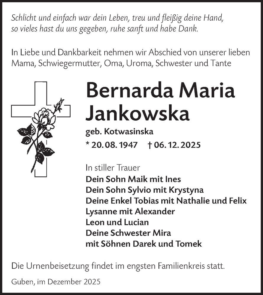  Traueranzeige für Bernarda Maria Jankowska vom 03.01.2026 aus Lausitzer Rundschau