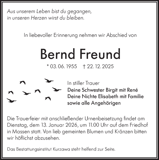 Traueranzeige von Bernd Freund von Lausitzer Rundschau