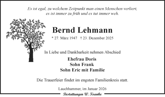 Traueranzeige von Bernd Lehmann von Lausitzer Rundschau