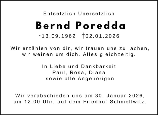 Traueranzeige von Bernd Poredda von Lausitzer Rundschau