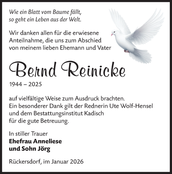Traueranzeige von Bernd Reinicke von Lausitzer Rundschau