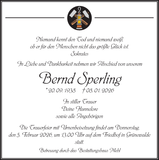 Traueranzeige von Bernd Sperling von Lausitzer Rundschau