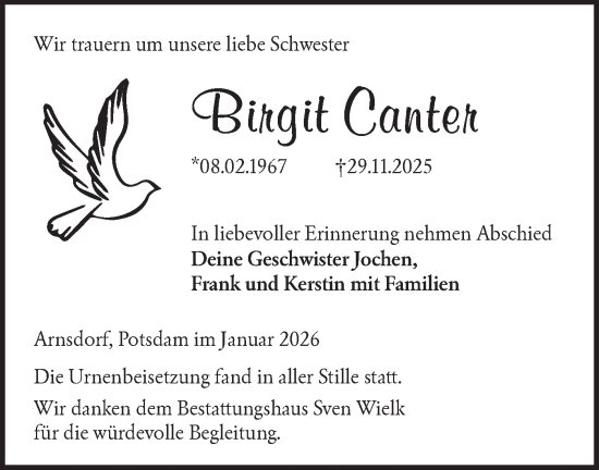 Traueranzeige von Birgit Canter von Lausitzer Rundschau