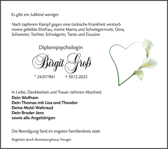 Traueranzeige von Birgit Groß von Lausitzer Rundschau