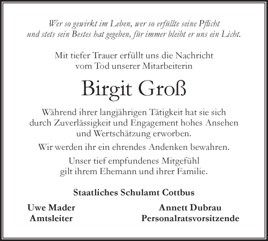 Traueranzeige von Birgit Groß von Lausitzer Rundschau