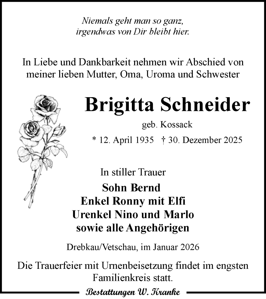  Traueranzeige für Brigitta Schneider vom 10.01.2026 aus Lausitzer Rundschau