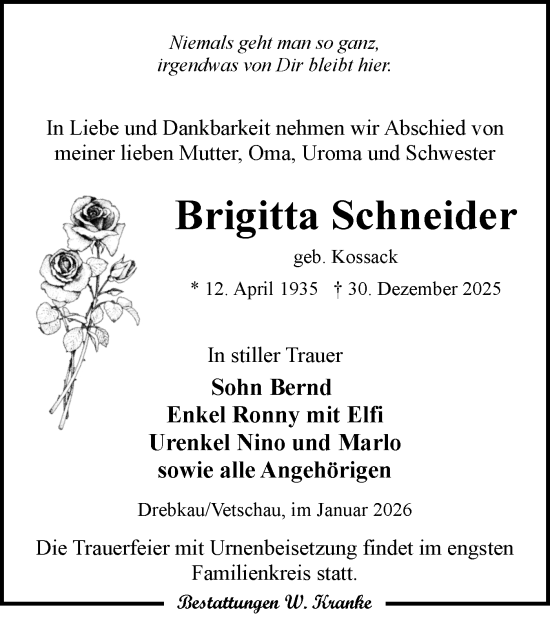 Traueranzeige von Brigitta Schneider von Lausitzer Rundschau