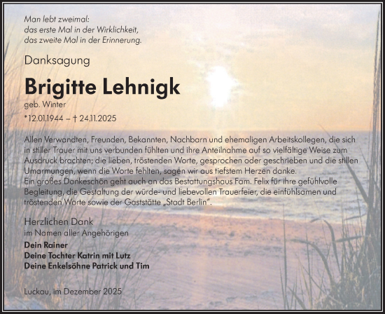 Traueranzeige von Brigitte Lehnigk von Ausg. LR Spreewald RS
