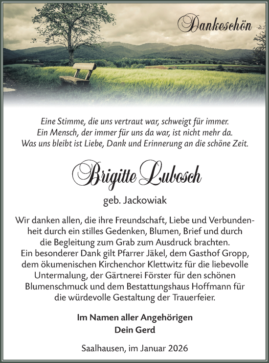 Traueranzeige von Brigitte Lubosch von Lausitzer Rundschau