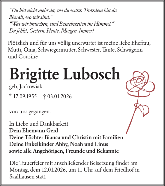 Traueranzeige von Brigitte Lubosch von Lausitzer Rundschau