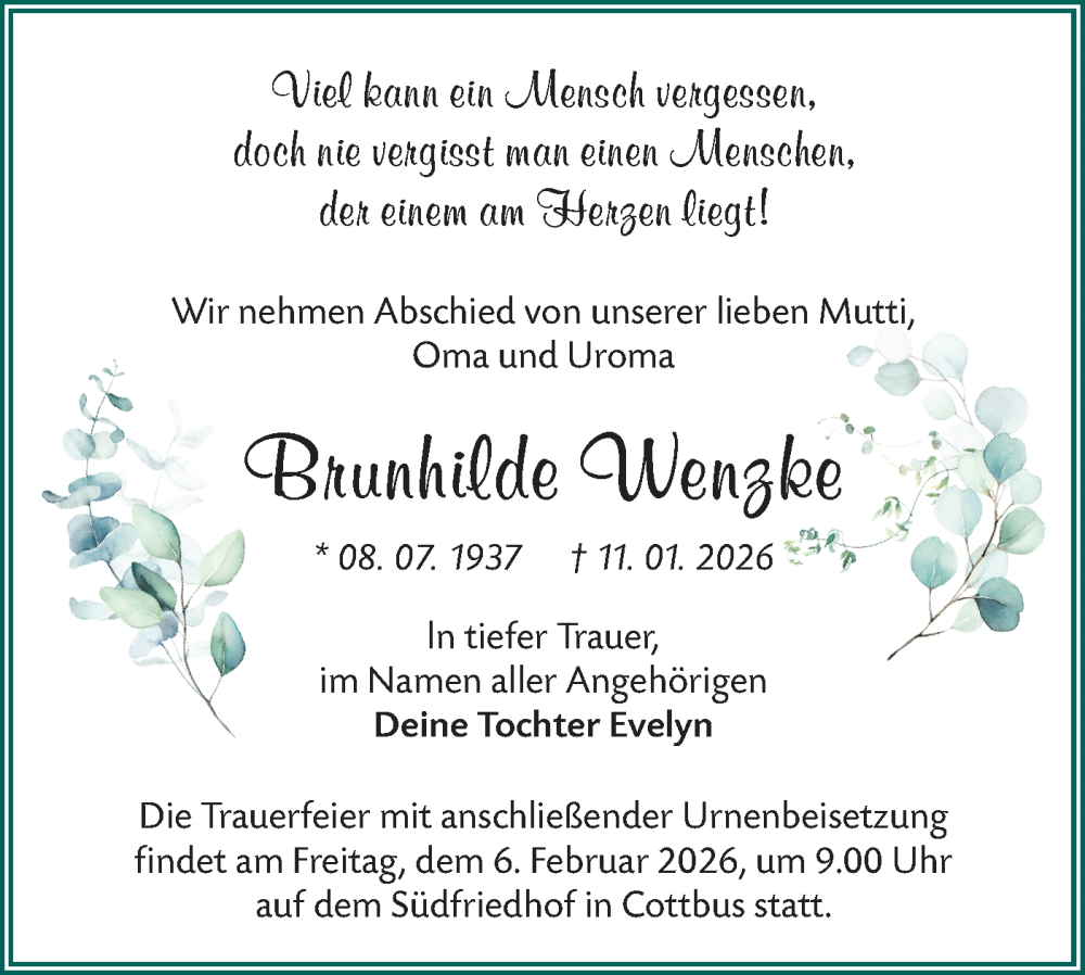  Traueranzeige für Brunhilde Wenzke vom 31.01.2026 aus Lausitzer Rundschau