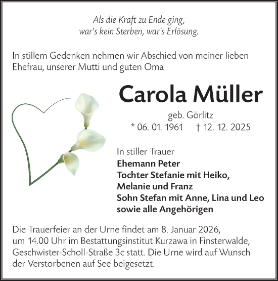 Traueranzeige von Carola Müller von Lausitzer Rundschau