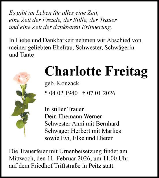 Traueranzeige von Charlotte Freitag von Lausitzer Rundschau