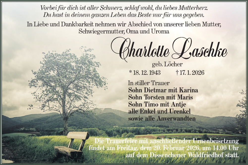  Traueranzeige für Charlotte Laschke vom 31.01.2026 aus Lausitzer Rundschau