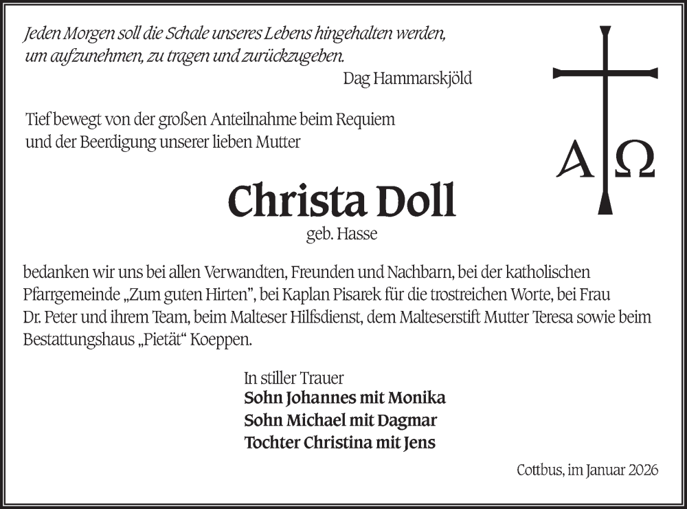  Traueranzeige für Christa Doll vom 24.01.2026 aus Lausitzer Rundschau