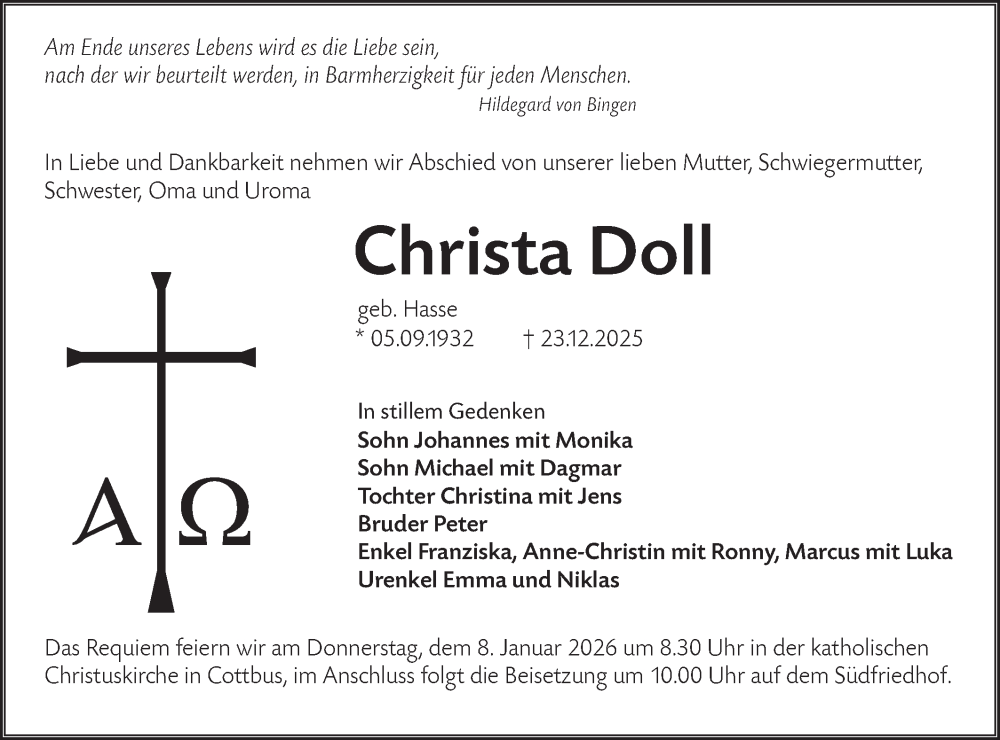  Traueranzeige für Christa Doll vom 03.01.2026 aus Lausitzer Rundschau