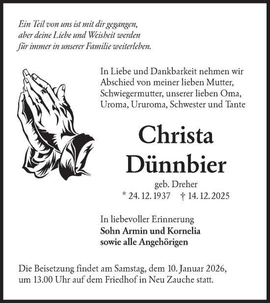 Traueranzeige von Christa Dünnbier von Ausg. LR Spreewald RS