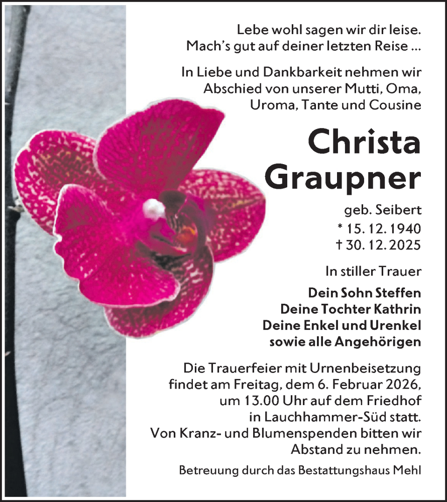  Traueranzeige für Christa Graupner vom 24.01.2026 aus Lausitzer Rundschau