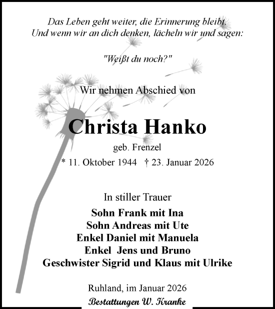 Traueranzeige von Christa Hanko von Lausitzer Rundschau