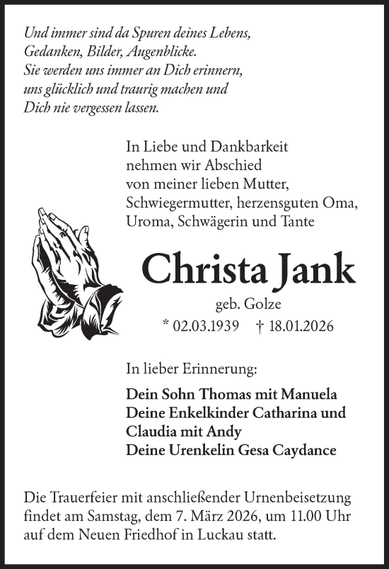 Traueranzeige von Christa Jank von Ausg. LR Spreewald RS