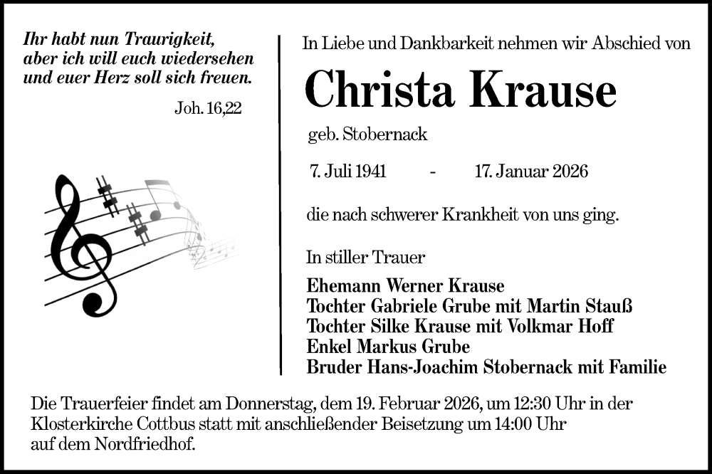  Traueranzeige für Christa Krause vom 31.01.2026 aus Lausitzer Rundschau