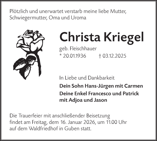 Traueranzeige von Christa Kriegel von Lausitzer Rundschau