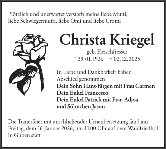 Traueranzeige von Christa Kriegel von Lausitzer Rundschau