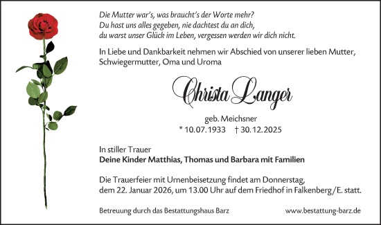 Traueranzeige von Christa Langer von Lausitzer Rundschau