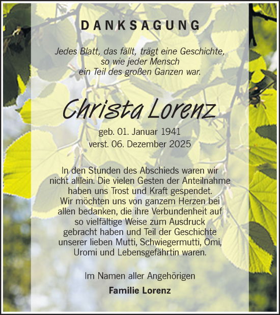 Traueranzeige von Christa Lorenz von Ausg. LR Spreewald RS