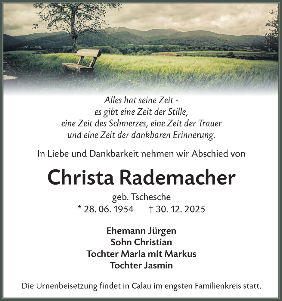  Traueranzeige für Christa Rademacher vom 17.01.2026 aus Ausg. LR Spreewald RS