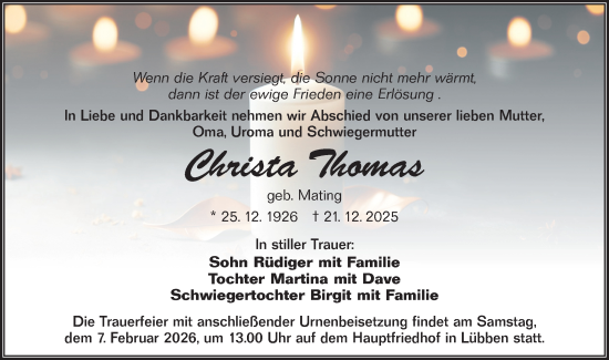 Traueranzeige von Christa Thomas von Ausg. LR Spreewald RS