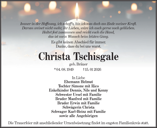 Traueranzeige von Christa Tschisgale von Lausitzer Rundschau