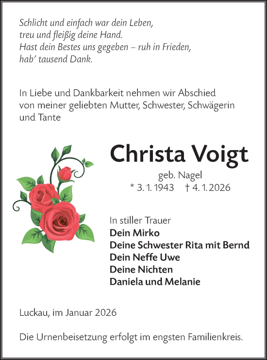 Traueranzeige von Christa Voigt von Ausg. LR Spreewald RS