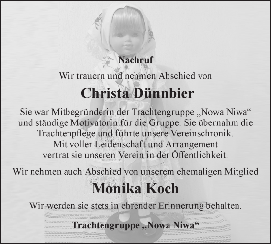 Traueranzeige von Christa und Monika  von Lausitzer Rundschau