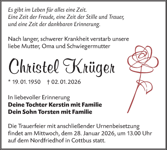 Traueranzeige von Christel Krüger von Lausitzer Rundschau