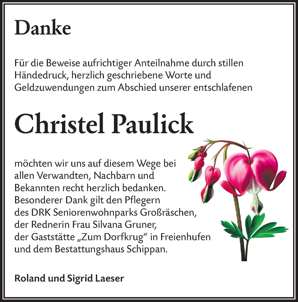  Traueranzeige für Christel Paulick vom 17.01.2026 aus Lausitzer Rundschau