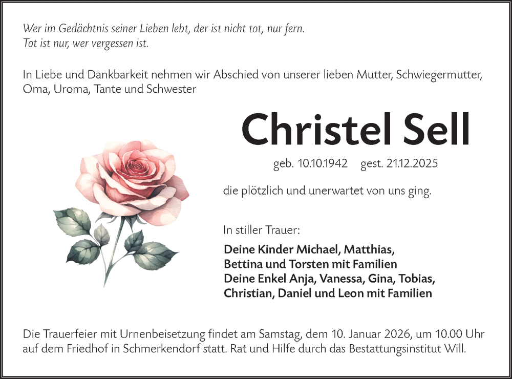  Traueranzeige für Christel Sell vom 03.01.2026 aus Lausitzer Rundschau