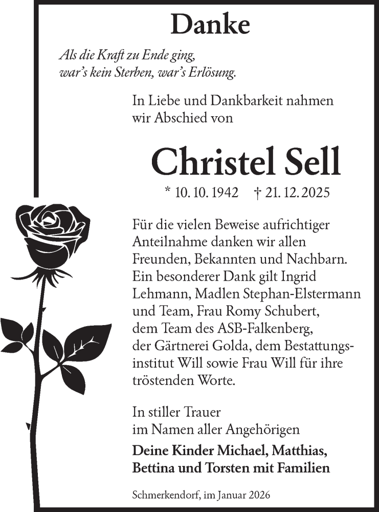  Traueranzeige für Christel Sell vom 24.01.2026 aus Lausitzer Rundschau