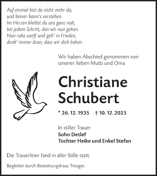 Traueranzeige von Christiane Schubert von Lausitzer Rundschau