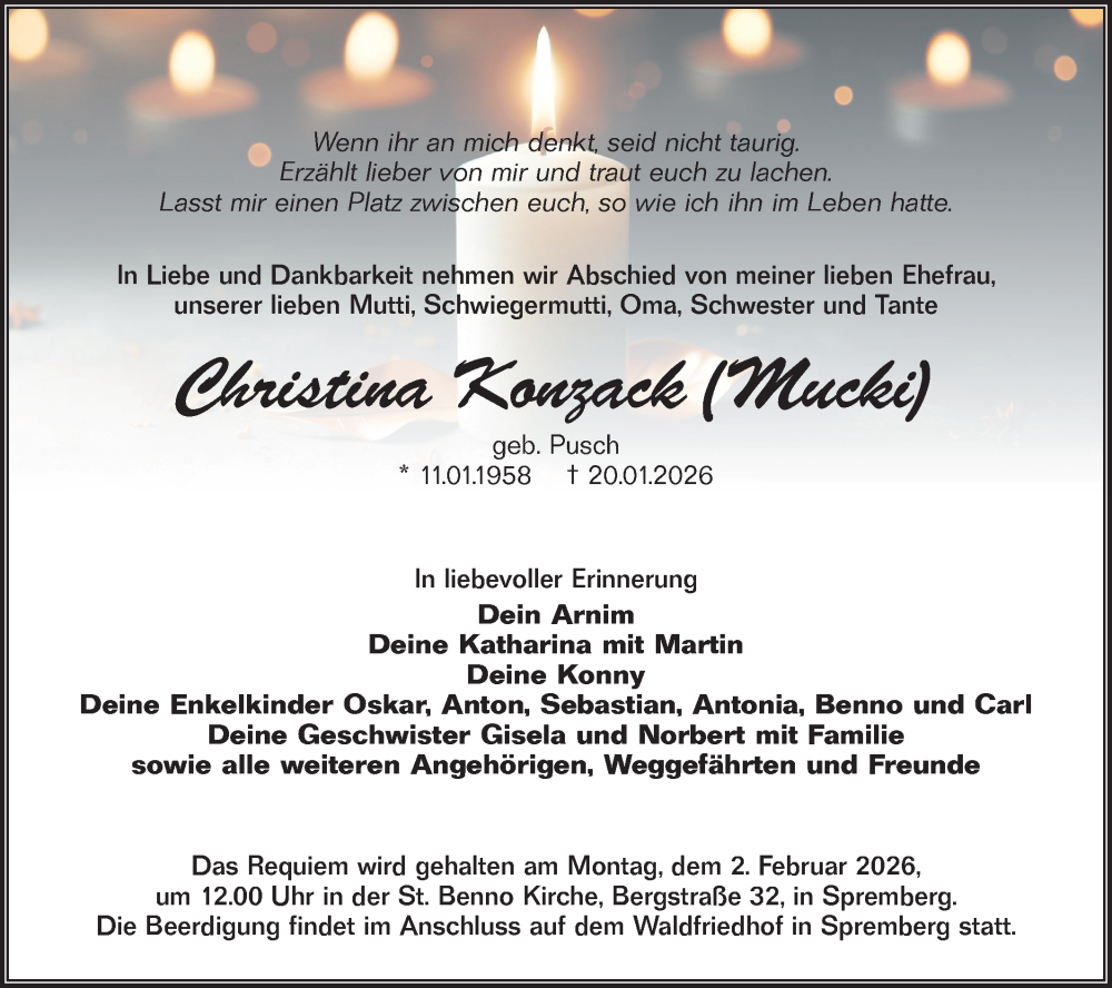  Traueranzeige für Christina Konzack vom 28.01.2026 aus Lausitzer Rundschau