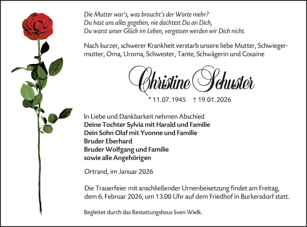  Traueranzeige für Christine Schuster vom 31.01.2026 aus Lausitzer Rundschau