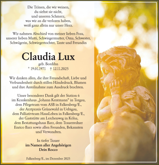 Traueranzeige von Claudia Lux von Lausitzer Rundschau