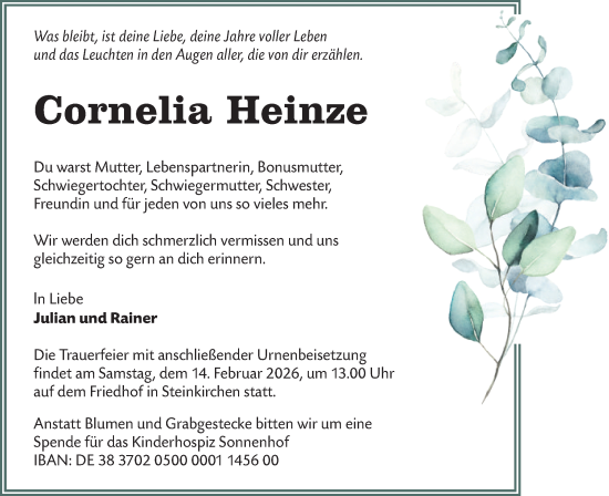 Traueranzeige von Cornelia Heinze von Ausg. LR Spreewald RS