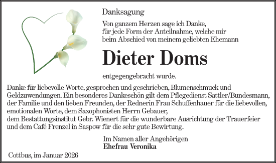 Traueranzeige von Dieter Doms von Lausitzer Rundschau