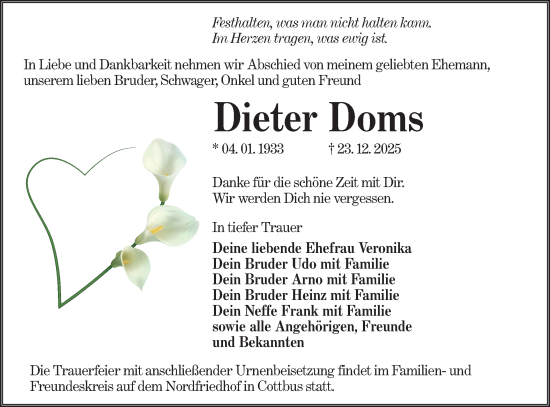 Traueranzeige von Dieter Doms von Lausitzer Rundschau
